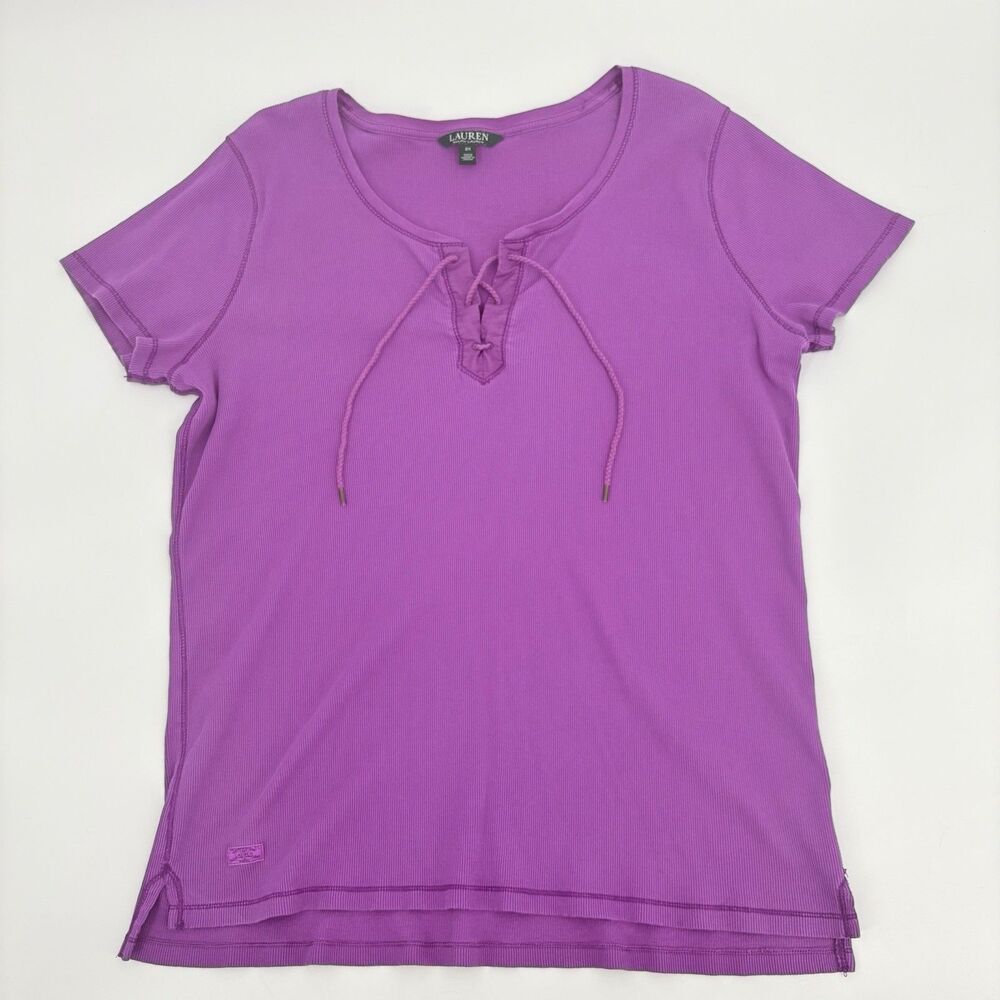 Vintage Ralph Lauren Top Shirt Womens 2X Purple Y2K DIstressed Preppy Cap Sleeve